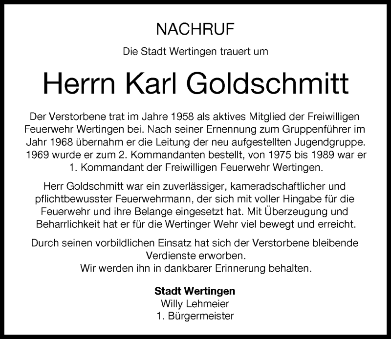 Traueranzeige von Karl Goldschmitt von Wertinger Zeitung