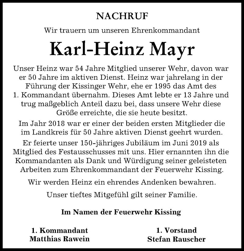 Traueranzeige von Karl-Heinz Mayr von Friedberger Allgemeine