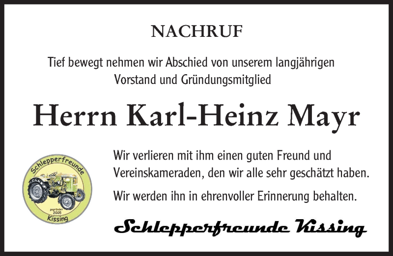 Traueranzeige von Karl-Heinz Mayr von Friedberger Allgemeine