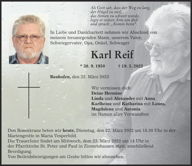  Traueranzeige für Karl Reif vom 22.03.2022 aus Mittelschwäbische Nachrichten
