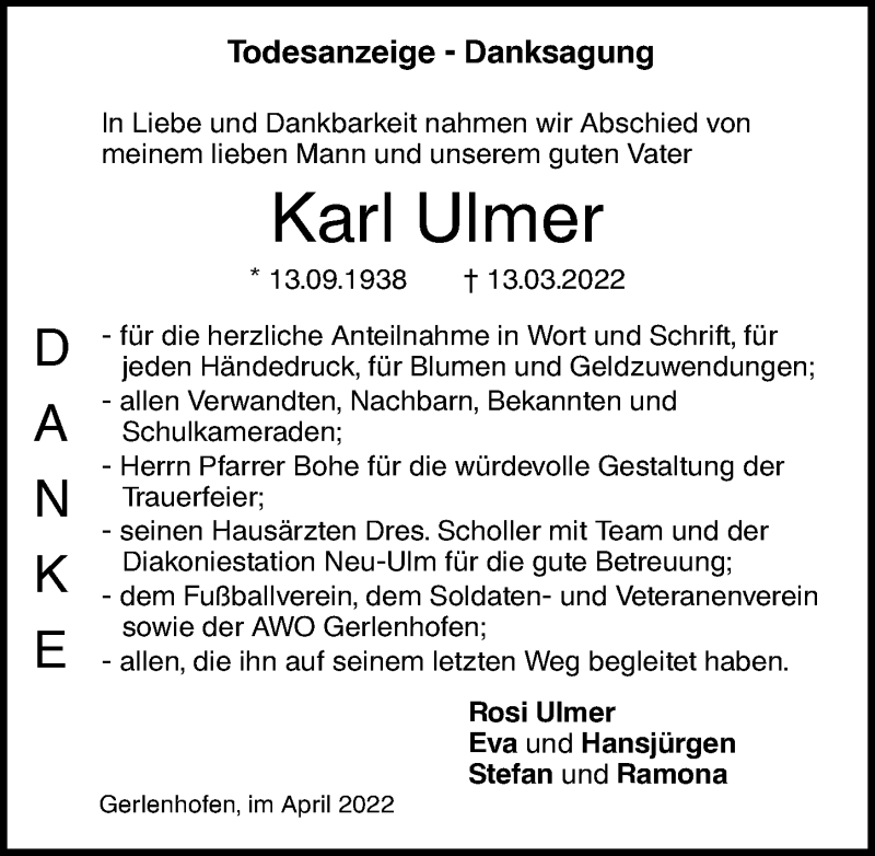 Traueranzeige von Karl Ulmer von Augsburger Allgemeine, Neu-Ulmer Zeitung