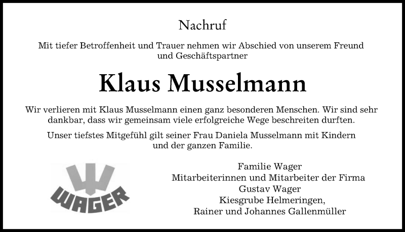 Traueranzeige von Klaus Musselmann von Donau Zeitung