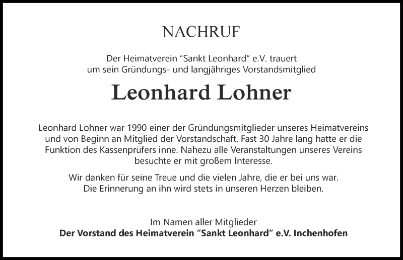  Traueranzeige für Leonhard Lohner vom 03.03.2022 aus Aichacher Nachrichten