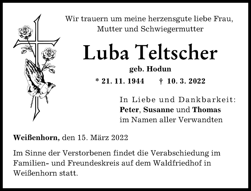 Traueranzeige von Luba Teltscher von Neu-Ulmer Zeitung