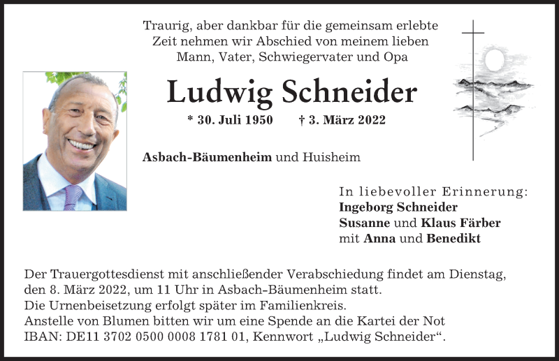  Traueranzeige für Ludwig Schneider vom 05.03.2022 aus Donauwörther Zeitung