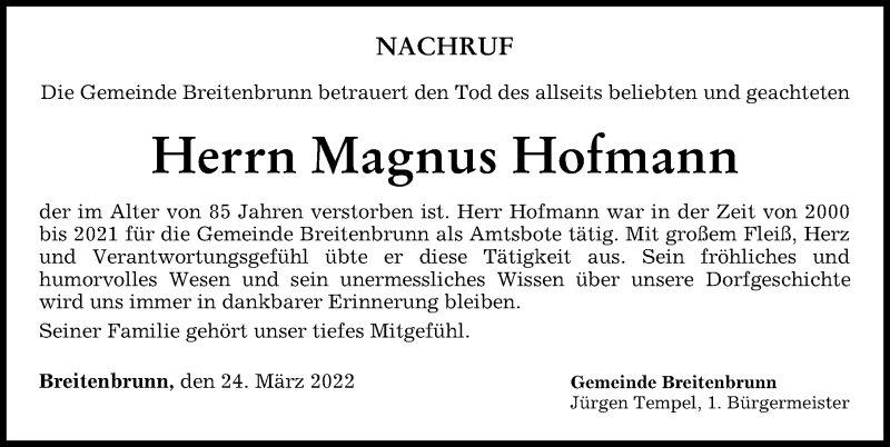 Traueranzeige von Magnus Hofmann von Mindelheimer Zeitung