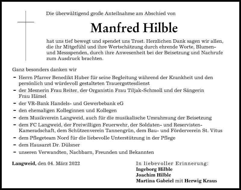 Traueranzeige von Manfred Hilble von Augsburger Allgemeine