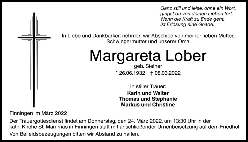 Traueranzeige von Margareta Lober von Augsburger Allgemeine, Neu-Ulmer Zeitung