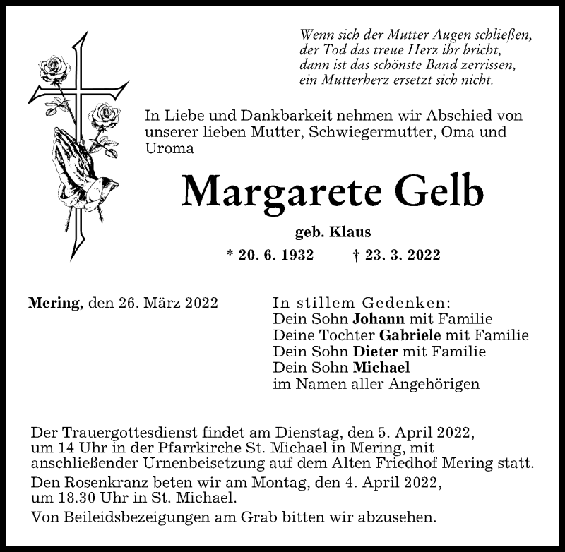 Traueranzeige von Margarete Gelb von Friedberger Allgemeine