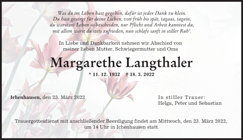 Traueranzeige von Margarethe Langthaler von Günzburger Zeitung