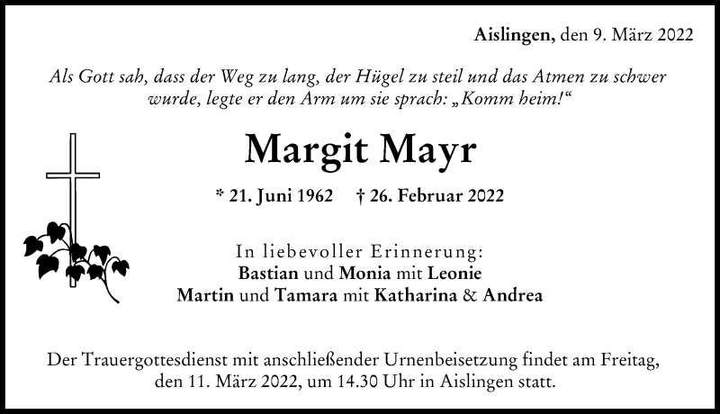 Traueranzeige von Margit Mayr von Donau Zeitung