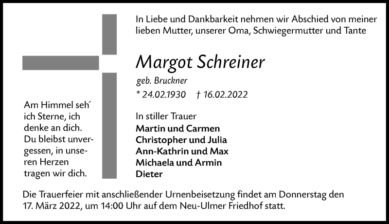 Traueranzeige von Margot Schreiner von Augsburger Allgemeine, Neu-Ulmer Zeitung