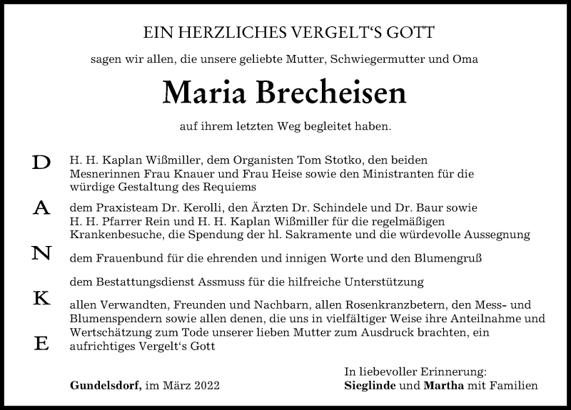 Traueranzeige von Maria Brecheisen von Aichacher Nachrichten