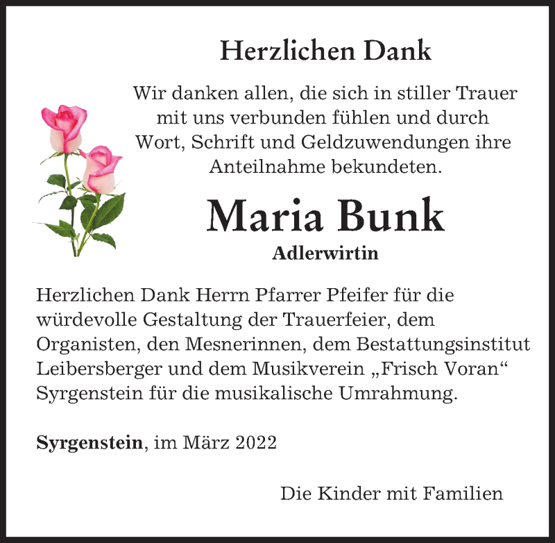 Traueranzeige von Maria Bunk von Donau Zeitung