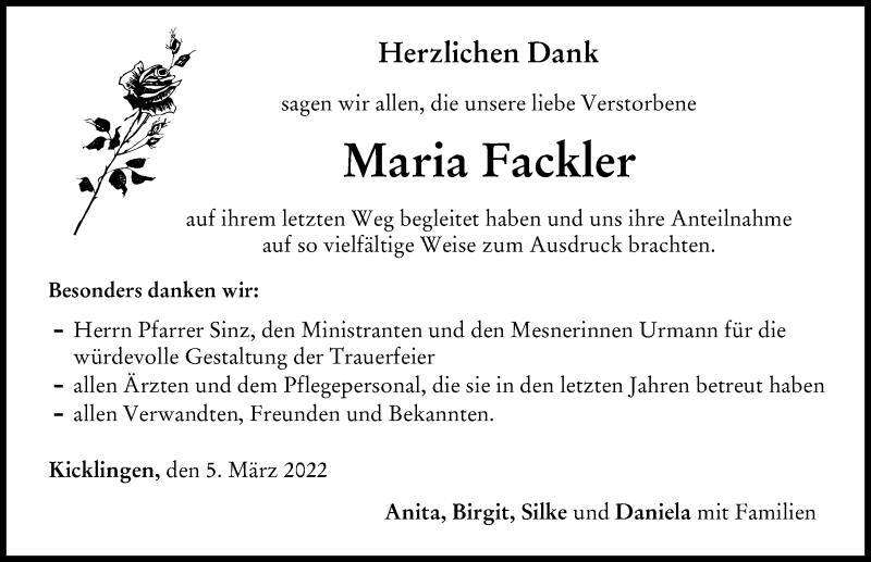 Traueranzeige von Maria Fackler von Donau Zeitung