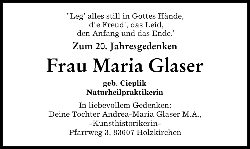 Traueranzeige von Maria Glaser von Günzburger Zeitung