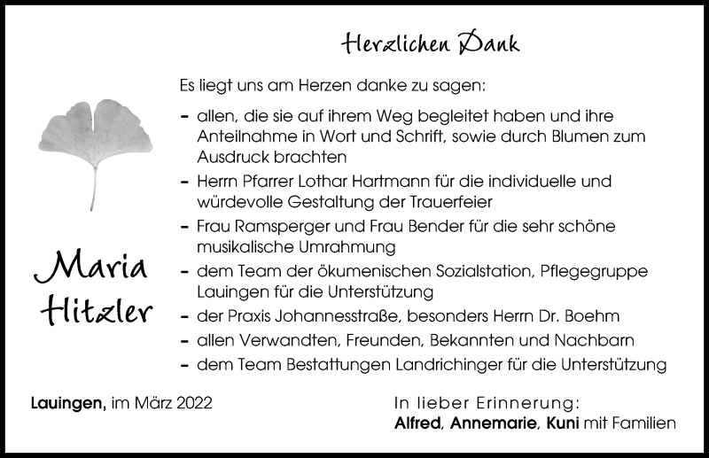 Traueranzeige von Maria Hitzler von Donau Zeitung