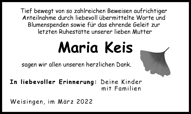 Traueranzeige von Maria Keis von Donau Zeitung