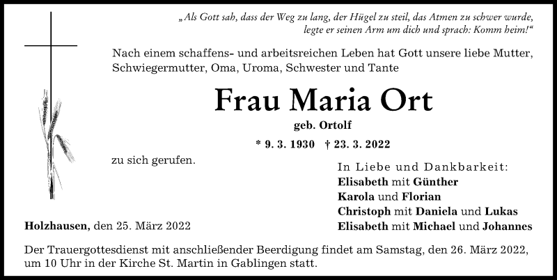 Traueranzeige von Maria Ort von Augsburg-Land