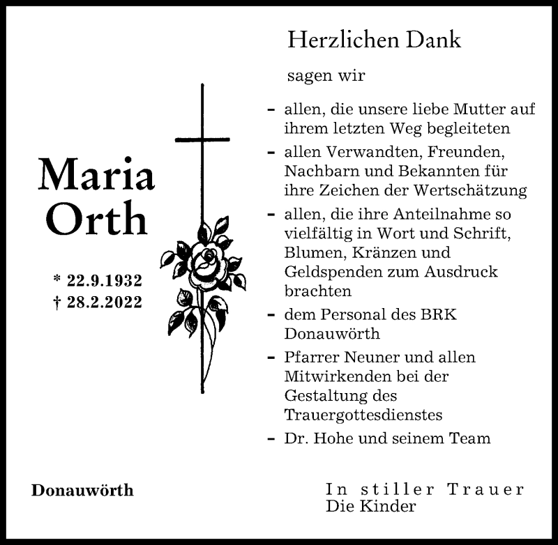 Traueranzeige von Maria Orth von Donauwörther Zeitung