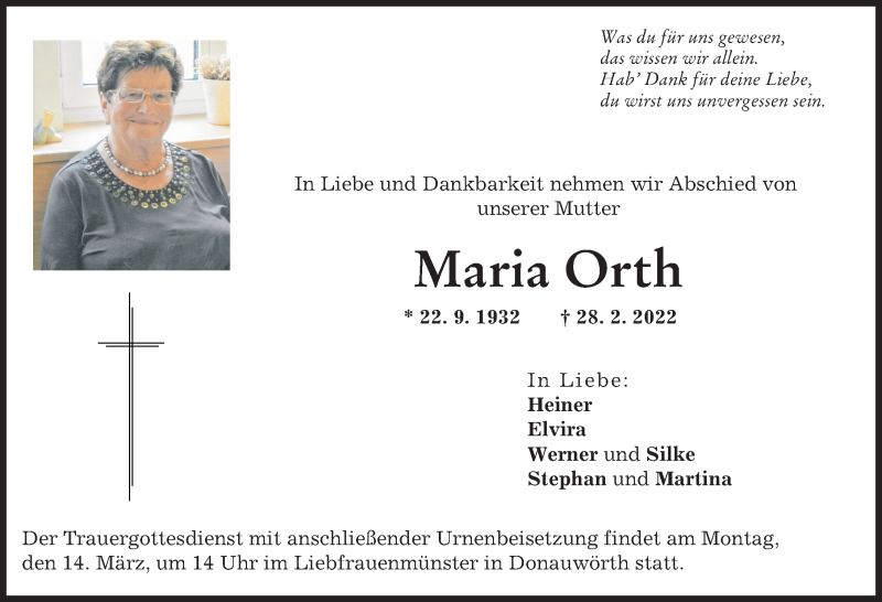 Traueranzeige von Maria Orth von Donauwörther Zeitung