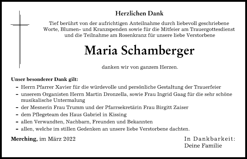 Traueranzeige von Maria Schamberger von Friedberger Allgemeine