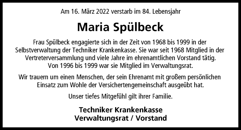 Traueranzeige von Maria Spülbeck von Neu-Ulmer Zeitung