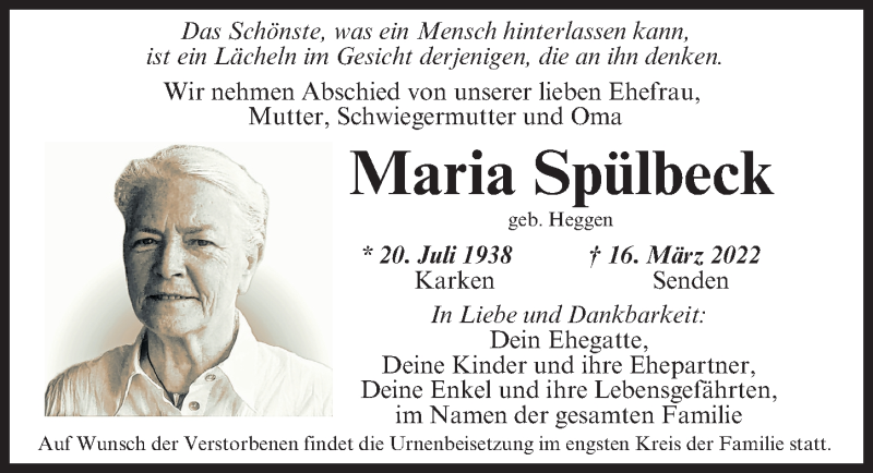 Traueranzeige von Maria Spülbeck von Neu-Ulmer Zeitung