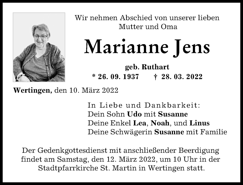 Traueranzeige von Marianne Jens von Wertinger Zeitung