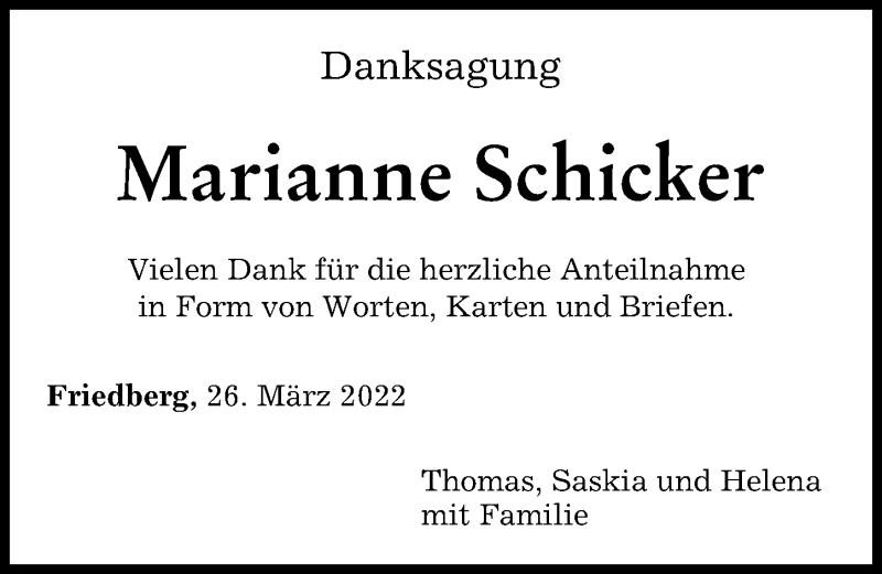 Traueranzeige von Marianne Schicker von Augsburger Allgemeine