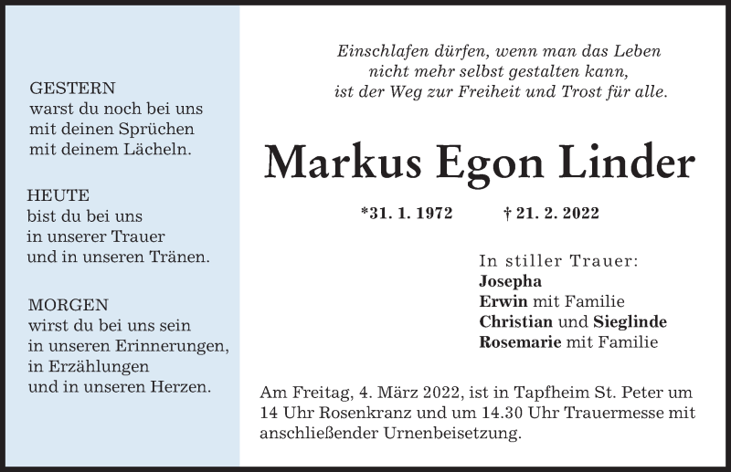 Traueranzeige von Markus Egon Linder von Donauwörther Zeitung