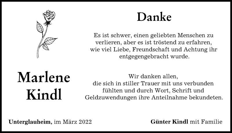 Traueranzeige von Marlene Kindl von Donau Zeitung