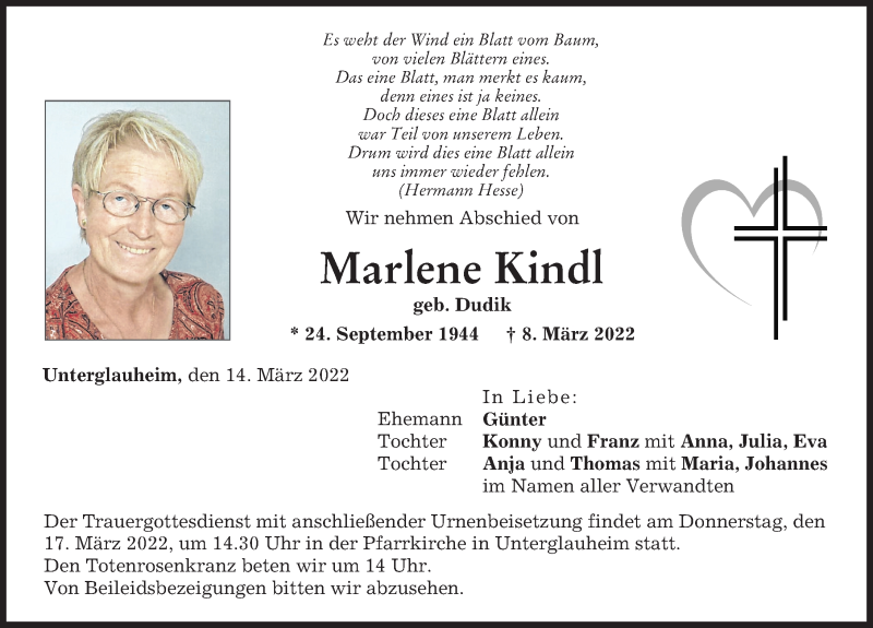  Traueranzeige für Marlene Kindl vom 14.03.2022 aus Donau Zeitung