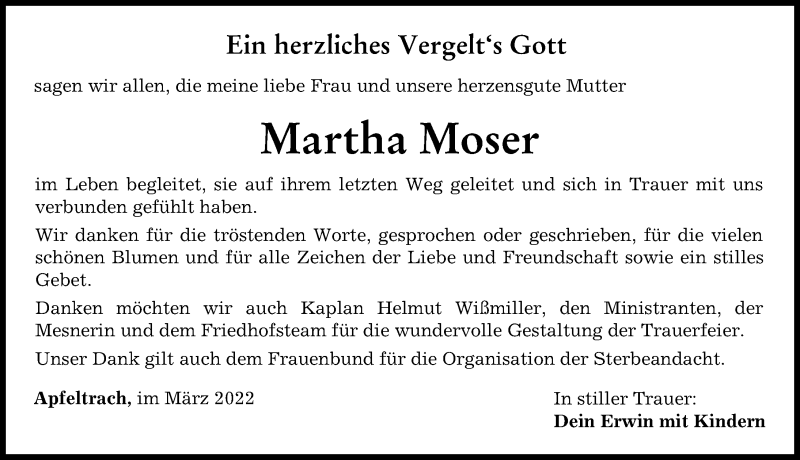 Traueranzeige von Martha Moser von Mindelheimer Zeitung