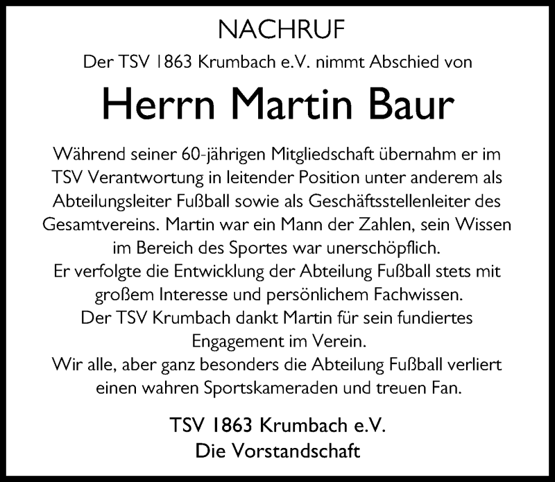 Traueranzeige von Martin Baur von Mittelschwäbische Nachrichten