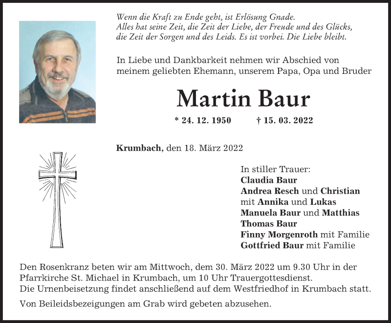  Traueranzeige für Martin Baur vom 18.03.2022 aus Mittelschwäbische Nachrichten