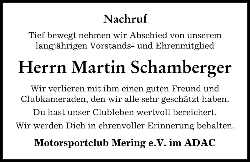  Traueranzeige für Martin Schamberger vom 18.03.2022 aus Friedberger Allgemeine