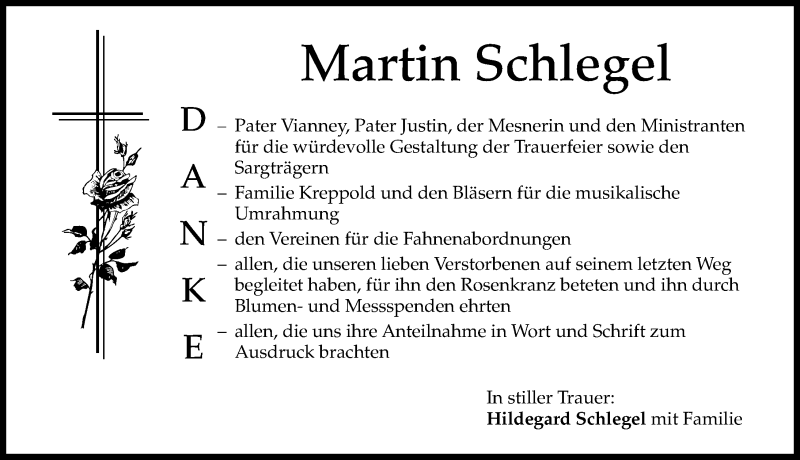 Traueranzeige von Martin Schlegel von Friedberger Allgemeine