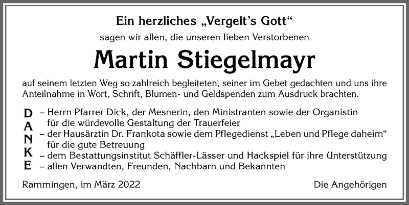 Traueranzeige von Martin Stiegelmayr von Mindelheimer Zeitung