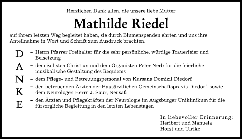 Traueranzeige von Mathilde Riedel von Augsburger Allgemeine