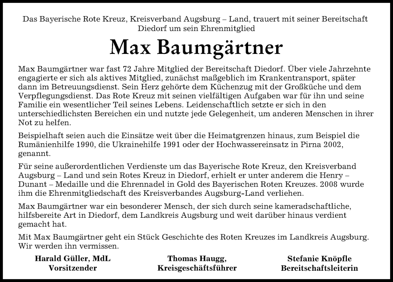 Traueranzeige von Max Baumgärtner von Augsburg-Land