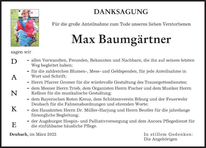 Traueranzeige von Max Baumgärtner von Augsburger Allgemeine