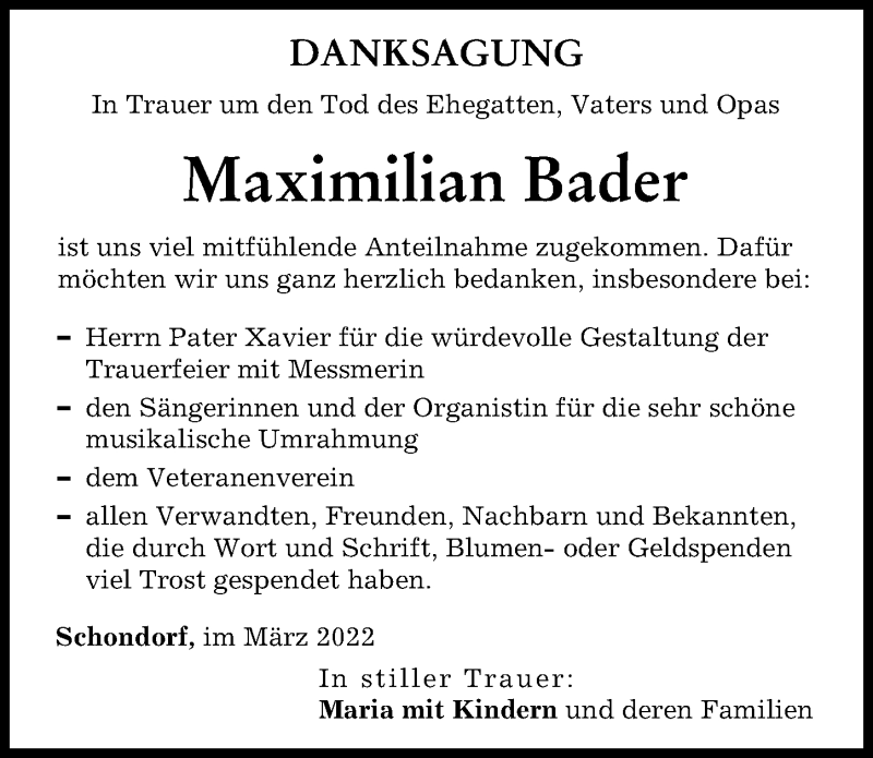 Traueranzeige von Maximilian Bader von Landsberger Tagblatt