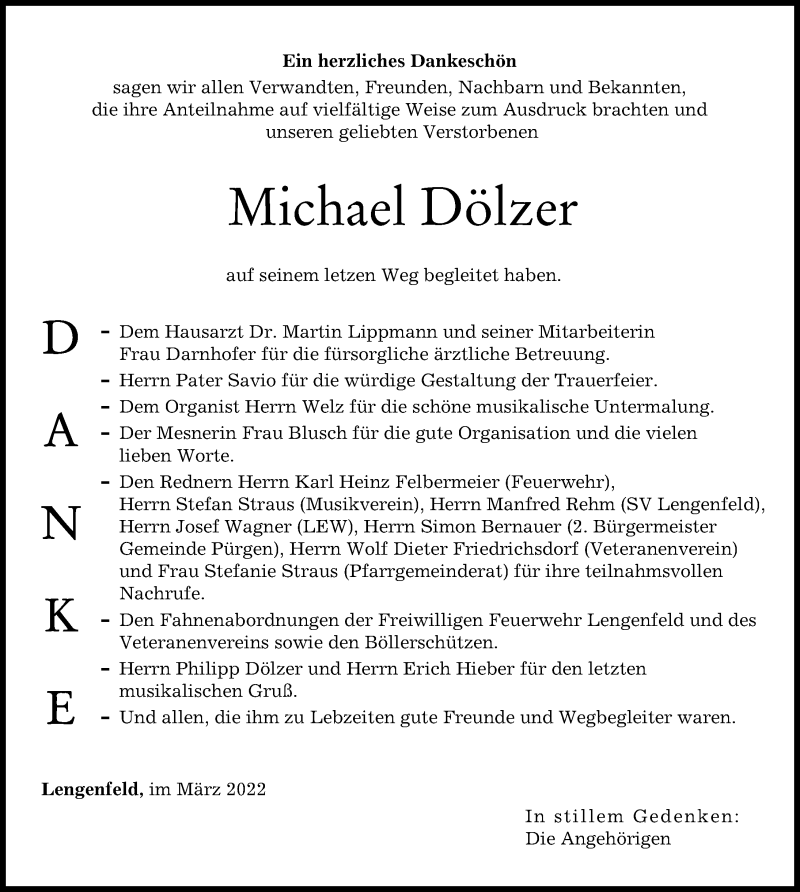  Traueranzeige für Michael Dölzer vom 08.03.2022 aus Landsberger Tagblatt
