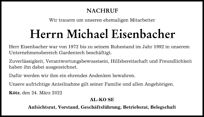 Traueranzeige von Michael Eisenbacher von Günzburger Zeitung