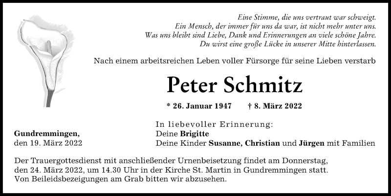  Traueranzeige für Peter Schmitz vom 19.03.2022 aus Günzburger Zeitung