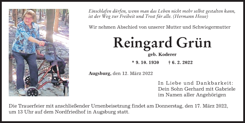 Traueranzeige von Reingard Grün von Augsburger Allgemeine