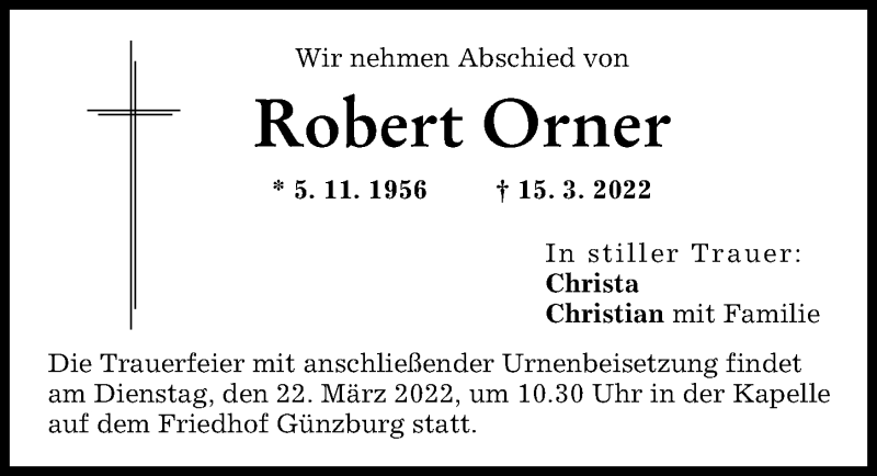 Traueranzeige von Robert Orner von Günzburger Zeitung
