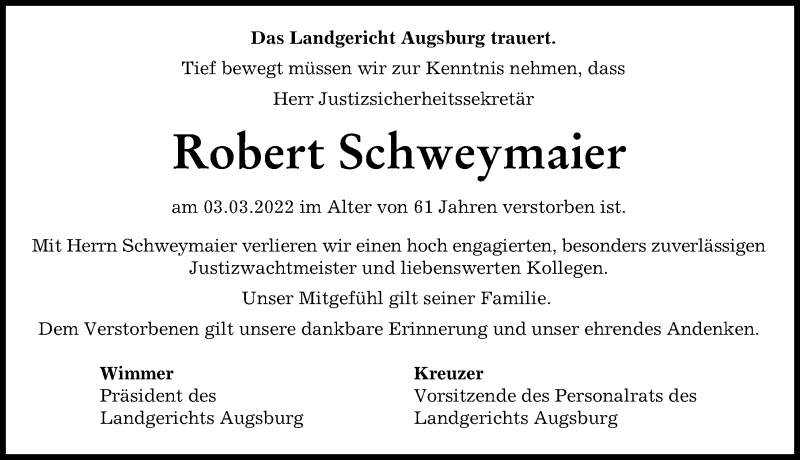 Traueranzeige von Robert Schweymaier von Augsburger Allgemeine