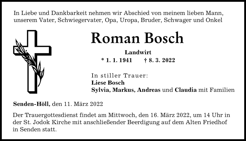  Traueranzeige für Roman Bosch vom 11.03.2022 aus Neu-Ulmer Zeitung